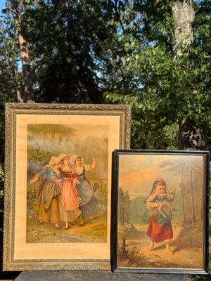 three framed pictures of women in a forest with trees in the background