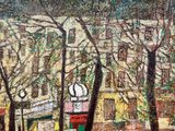 painting of a city street scene with a clock tower in the distance