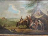painting of a man on a horse with a group of people and a dog
