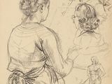 dessin représentant une femme assise à une table, avec plusieurs personnes derrière elle