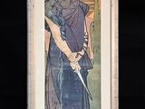 tableau représentant une femme tenant une épée devant un fond noir