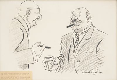 drawing of two men in suits smoking a cigarette and drinking a beer