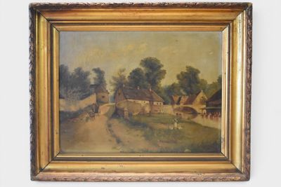 an oil painting of a farm scene in a gold frame