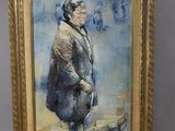 un tableau représentant un homme en manteau debout à côté d'un livre