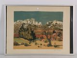 une image représentant un tableau représentant une scène désertique avec une montagne en arrière-plan