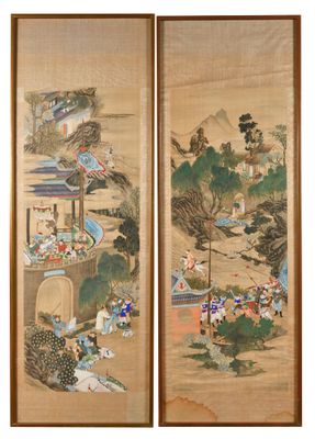 deux peintures asiatiques représentant des personnages et des animaux dans un paysage