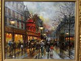 painting of a street scene with a horse drawn carriage and people walking down the street
