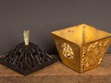 pair of antique brass candlestick holders with decorative designs