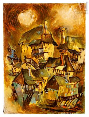 une peinture représentant une peinture d'un village avec la pleine lune en arrière-plan