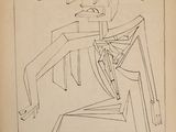 un vieux dessin représentant un homme assis sur une chaise devant une table