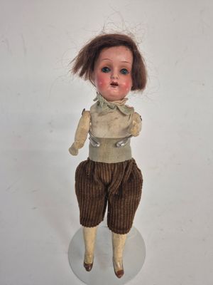 a close up of a doll on a white surface