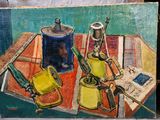 une peinture représentant une peinture d'un ustensile de cuisine posé sur une table