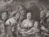 drawing of a group of people sitting around a table with wine glasses
