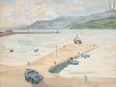 une peinture représentant une voiture garée sur la plage