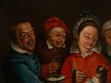 a painting of a group of people with a cat