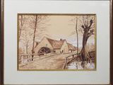 tableau représentant une roue à eau dans un décor champêtre avec des arbres