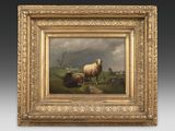 an oil painting of a sheep and a lamb in a field