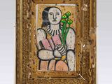 painting of a woman holding flowers in a gold frame on a marble base