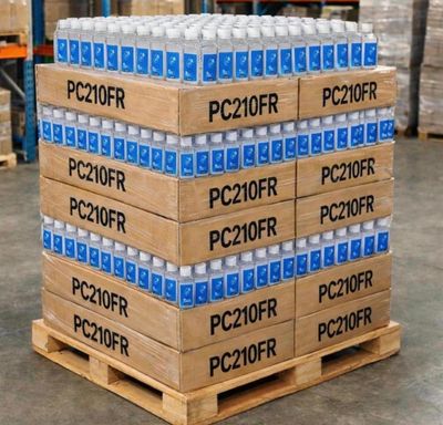 Des cartons d'eau sont empilés sur une palette dans un entrepôt