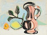 a painting of a vase and a lemon on a table