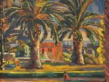 a painting of a woman walking in a park with palm trees