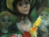 une peinture à l'huile représentant une femme tenant un enfant et des fleurs