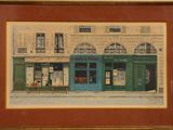 une image représentant une peinture d'un bâtiment devant lequel se trouve un banc