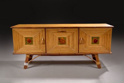 a wooden cabinet with three drawers and a door