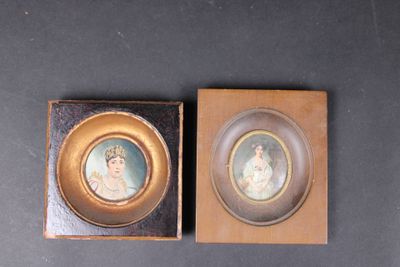 two miniature paintings of a woman and a man in a gold frame