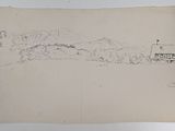 an old drawing of a house on a hill with a mountain in the background