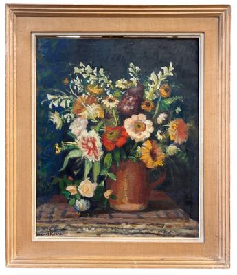 painting of a vase of flowers on a table with a blue background