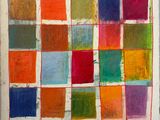 une peinture abstraite représentant des carrés de différentes couleurs sur une feuille de papier