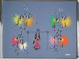 painting of a group of dancers hanging on a line with colorful paint