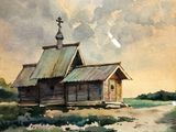 tableau représentant une vieille église en bois dans un champ, avec le ciel en arrière-plan