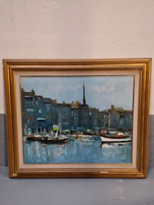 une image d'une peinture de bateaux dans un port