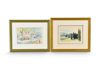 deux aquarelles représentant des arbres et une maison au loin