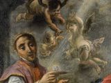 an image of a painting of a man holding a glass in front of angels
