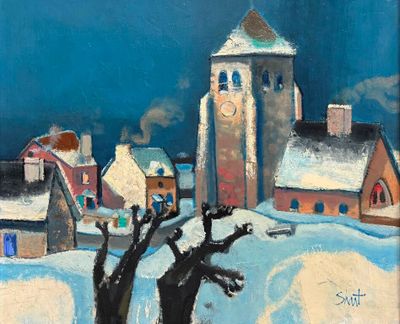 painting of a snowy town with a clock tower in the background