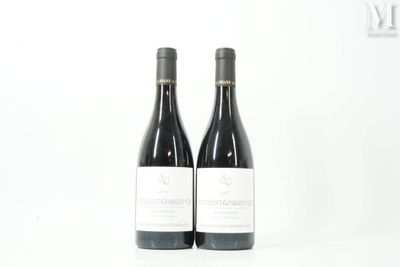 deux bouteilles de vin rouge posées l'une à côté de l'autre sur une surface blanche