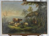 un tableau posé sur un chevalet représentant une vache et un mouton