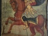 an old painting of a man riding a horse with a woman on it