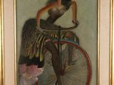 painting of a woman riding a bicycle with a basket on the back