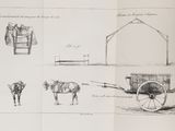 sketches of a horse drawn carriage, a horse drawn cart, and a horse drawn cart