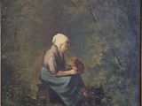 a painting of a woman sitting on a bench with flowers in her hand