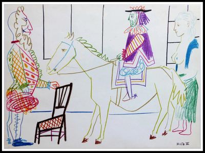 dessin représentant un homme à cheval et une femme assise sur une chaise