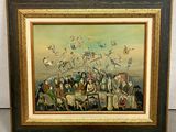 painting of a group of people sitting on a bench with birds in the sky
