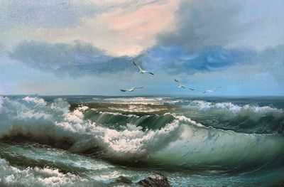 a painting of a painting of a wave coming in to the ocean