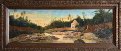 peinture représentant un paysage avec une maison et un ruisseau au premier plan