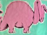 un dessin représentant un dinosaure rose sur fond vert