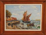 an oil painting of boats on a beach with people on the shore